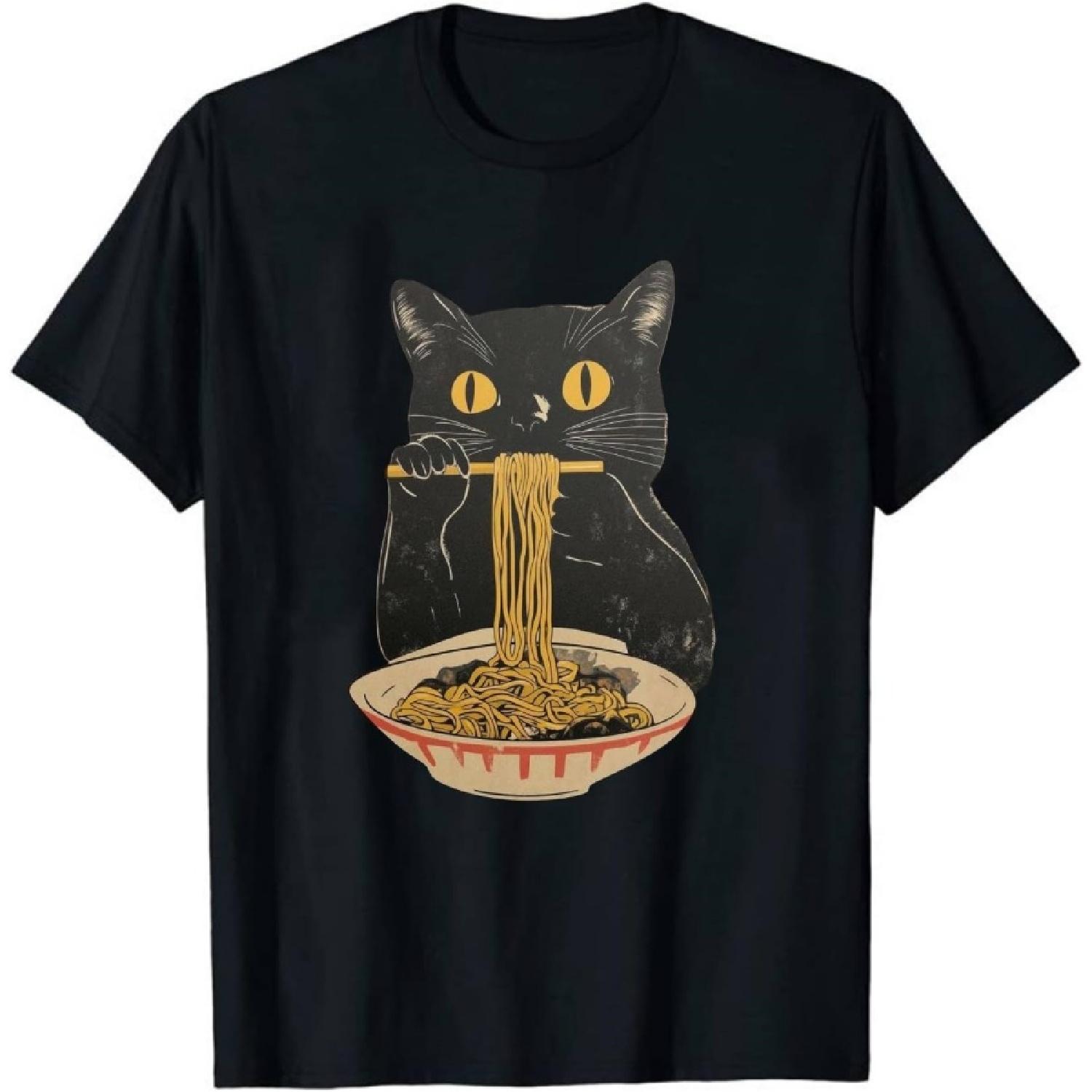 Figured Cute Cat Eating Ramen Noodle Tshirt Japanese Anime Manga Ramen Kawaii Cat T-Shirt S