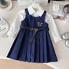 Girls' College Style Embroidered Vest & Pleated Dress with Long Sleeve Shirt