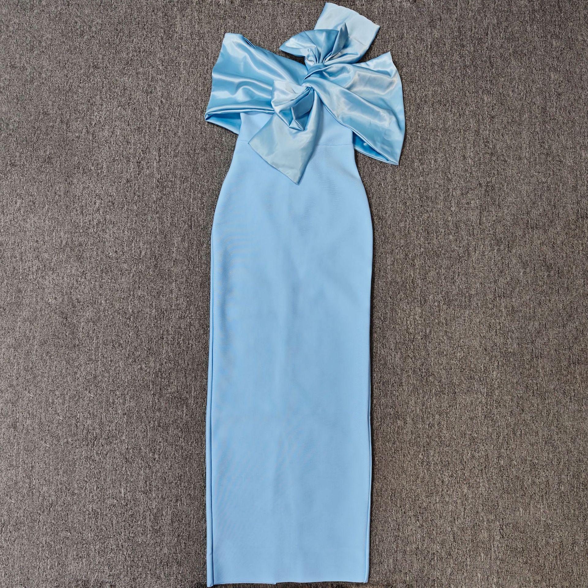 

European & American Style Off-Shoulder Bow Bandage Evening Dress Medium небо синє кольору