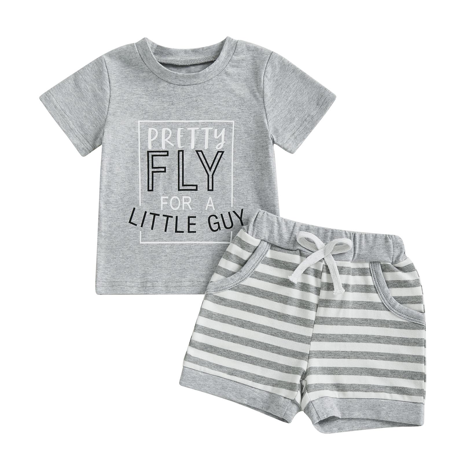 

Летний комплект с шортами для мальчиков, с буквенным принтом, короткими рукавами, круглым вырезом, эластичным поясом, полосатыми шортами 3-4 Years серый