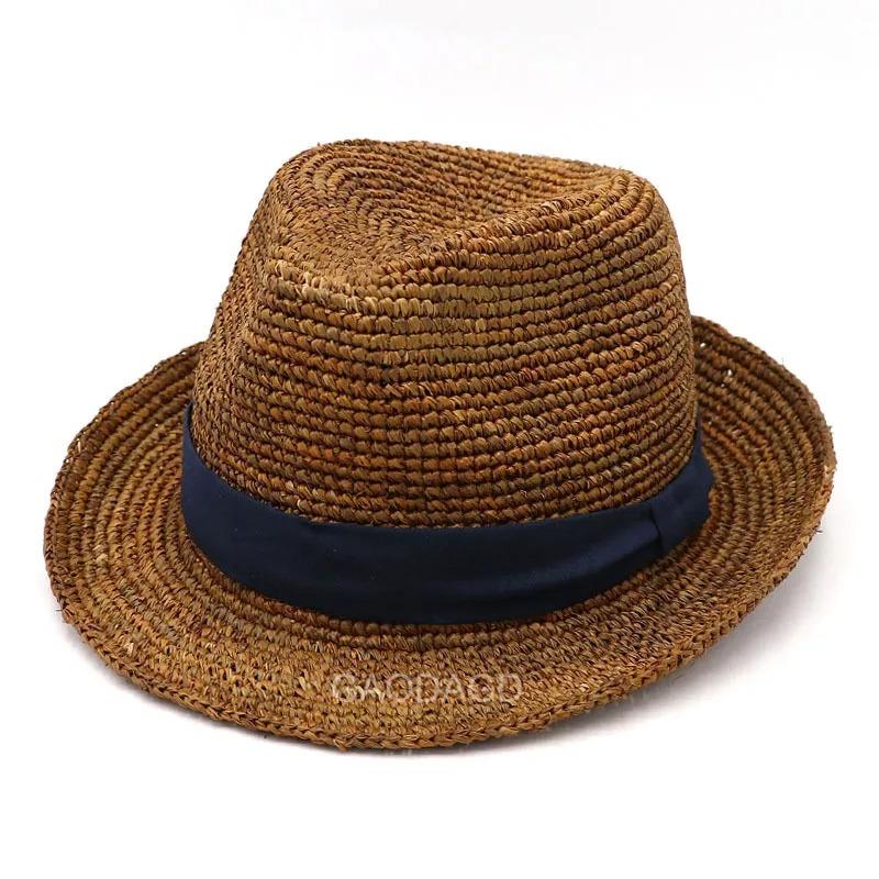 Natural Raffia Plus Size Jazz Sun Hats Men Women Summer Woven Trilby Straw Hat Fashion Sun Protection Beach Hat Panama 56-60cm