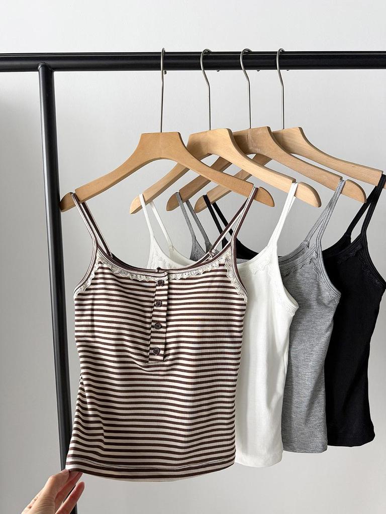 Wang Qizhi Women's Lace Trim Button Camisole Vest - Spring/Summer Versatile Top WQ183