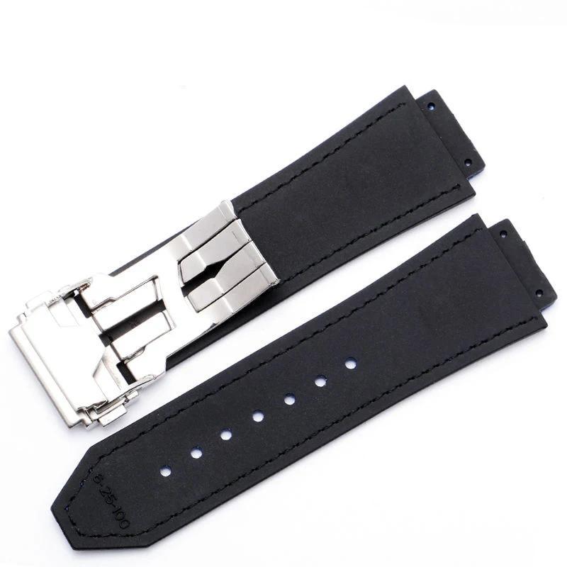 26X19mm Real Cow Leather Rubber Watchband for HUBLOT Classic Fusion Universe Big Bang Series Men belt Watch band butterfly Buckl
