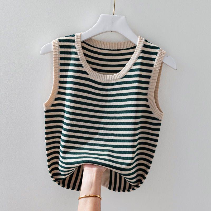 Women's Ice Silk Striped Knitted Strappy Tank Top