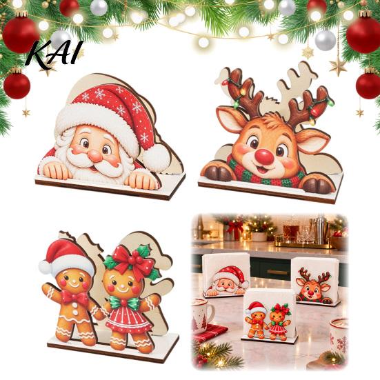 Decorative Paper Holder Wooden Christmas Napkin Holder, Cute Gingerbread Elk Santa Standing Tissue Dispenser, Stable Rack Farmhouse Cocktail Serviette