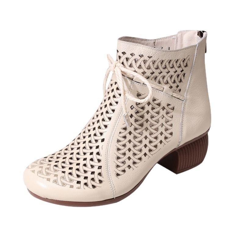 Spring and Summer Hollow Thick Heel Retro Martin Boots High Heel Round Head Soft Leather Hole Cool Boots Women