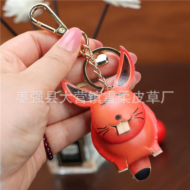 The First Layer Of Cowhide Bunny Pendant, Car Keychain, Leather Rope, Bag, Pendant, Accessories, Zodiac Gifts.