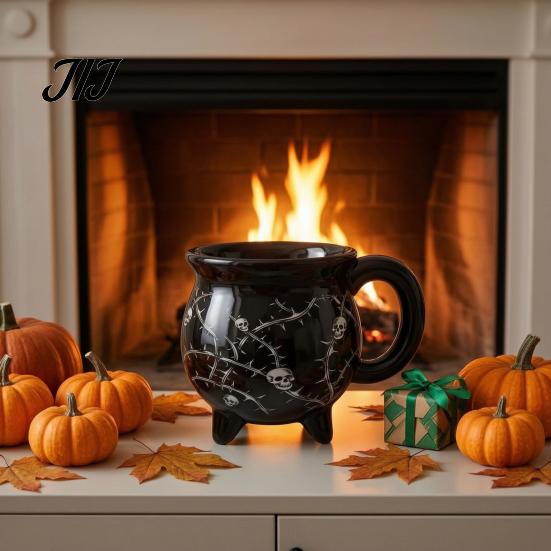 Décoration de Table Mystérieuse Halloween Chaudron de Sorcière Tasse, Crâne Citrouille Fantôme Céramique Café Anniversaire Cadeau pour Amis Tasse, Vaisselle Effrayante