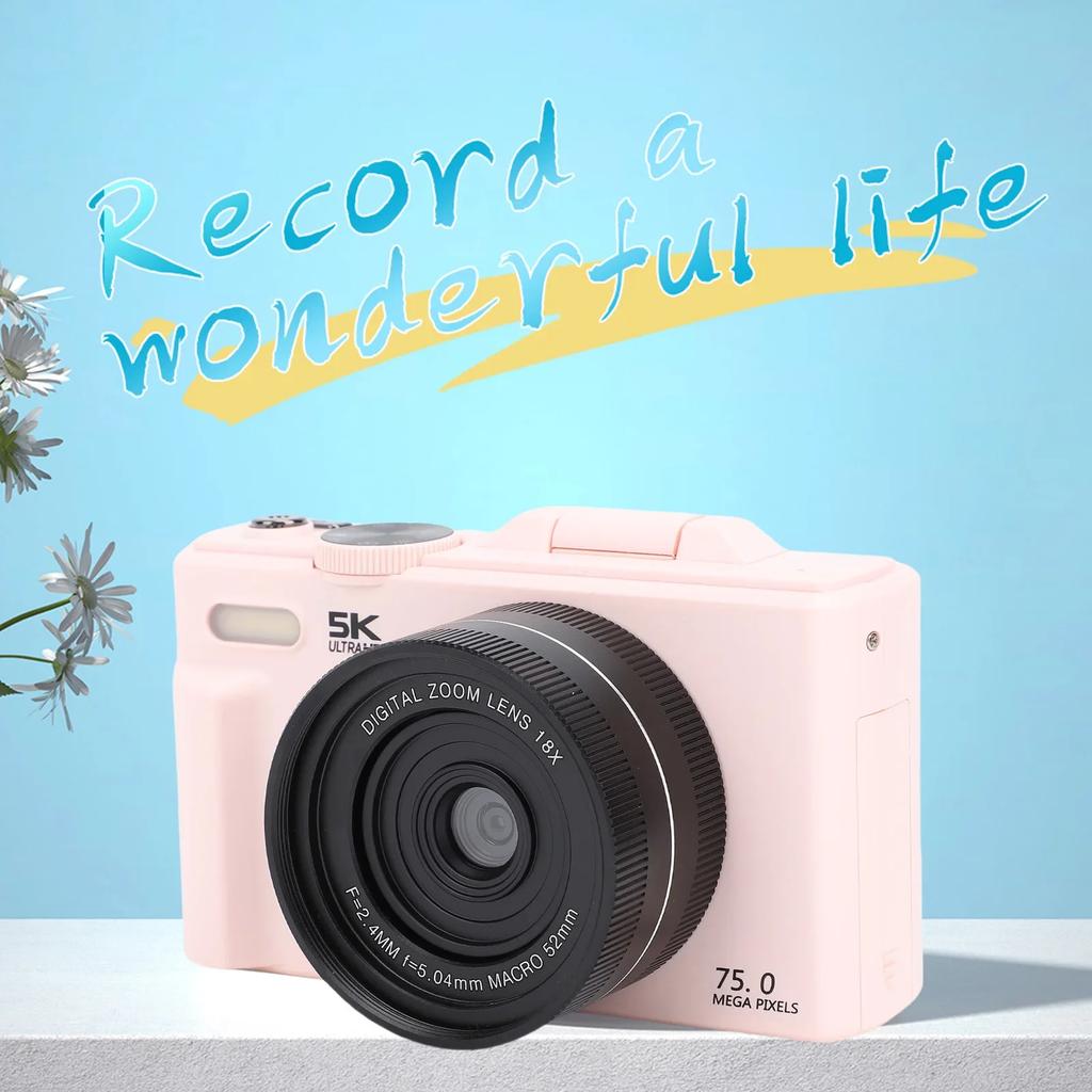 3'' 180° Flip Screen Vlog Camera 18X Zoom Autofocus Compact Travel Camera with Flash 5K 75MP WiFi Digital Camera for Photography