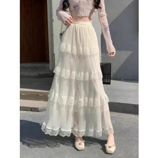 

Spring 2026 Women s High Waist Chiffon A-line Pleated Skirt with Large Hem Medium брудно-білий