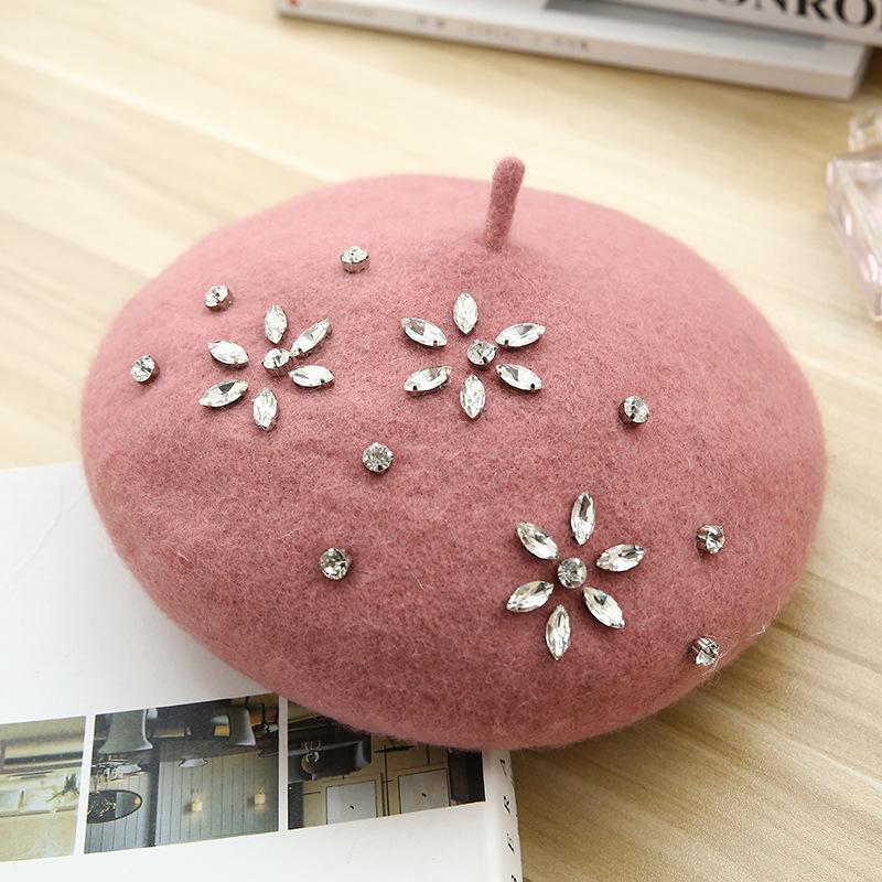 VISROVER Woman Wool Winter Beret DIY Female Rhinestone Wool Cap Autumn Winter Hat Solid Color Top Quality Women Boina Wholesales