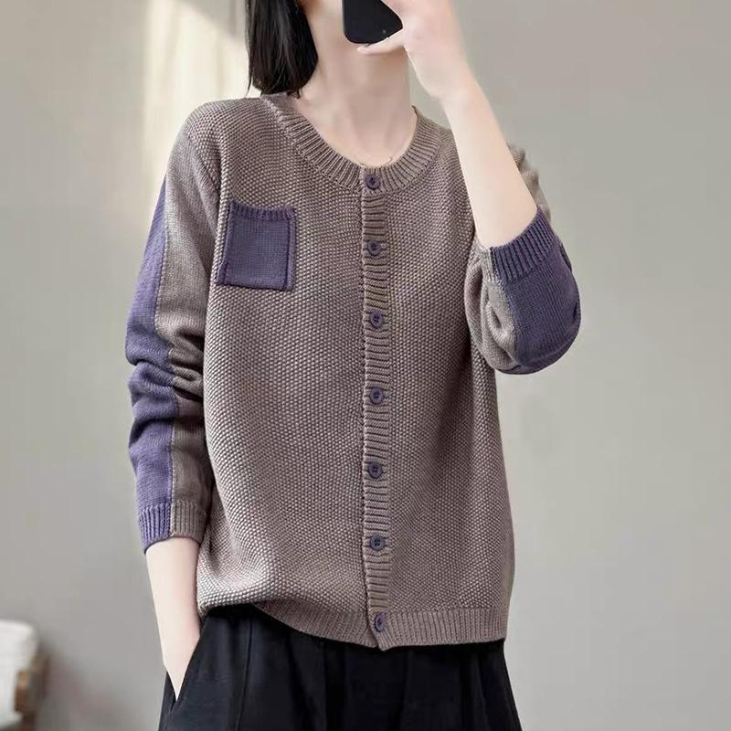 Round Neck Knitted Cardigan for Women Outerwear with Single Breasted Sweater Jacket