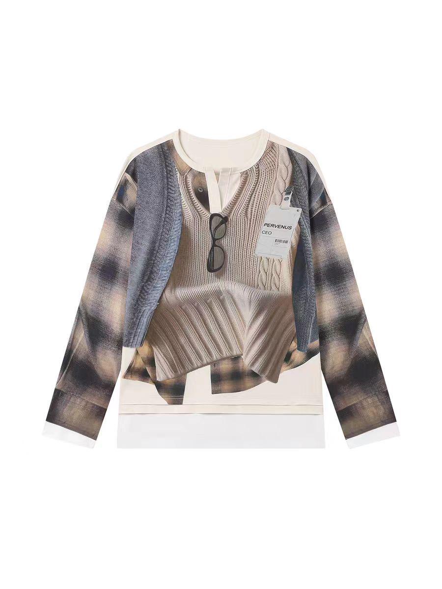 

YB Spring/Autumn 2025 Realistic Sweater Print Loose Retro Two-Piece Long-Sleeve Women s T-Shirt L