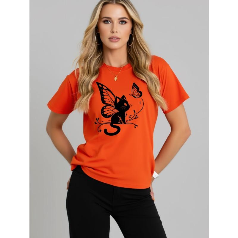 

2026 Summer New Women s Round Neck Fashion Casual Loose Butterfly Cat Print T-Shirt Short Sleeve Top XL