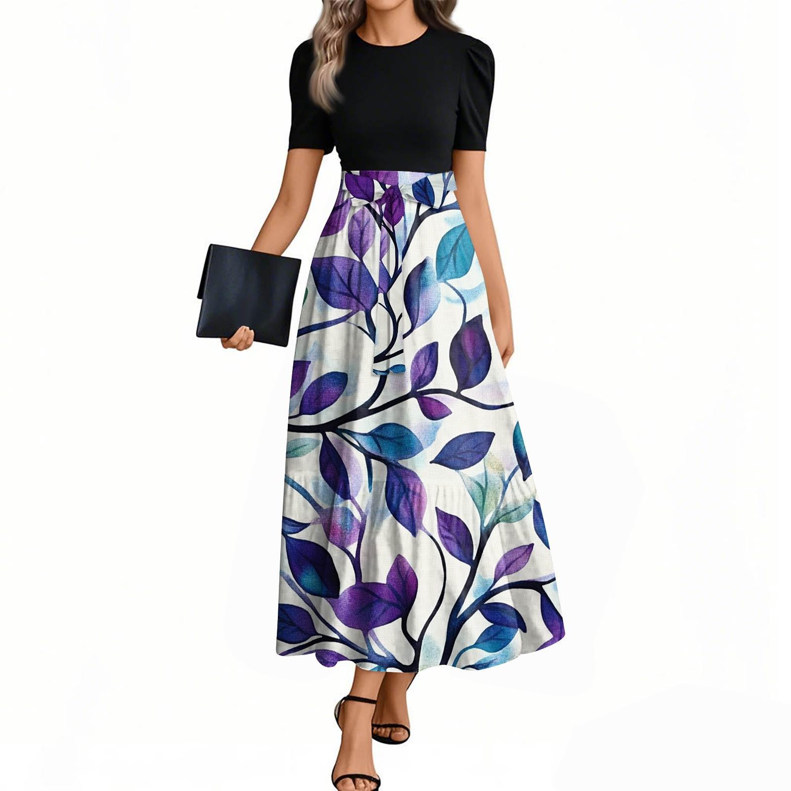 

Женские модные повседневные платья с поясом, короткими рукавами и круглым вырезом, с принтом, элегантные, темпераментные L фиолетовый