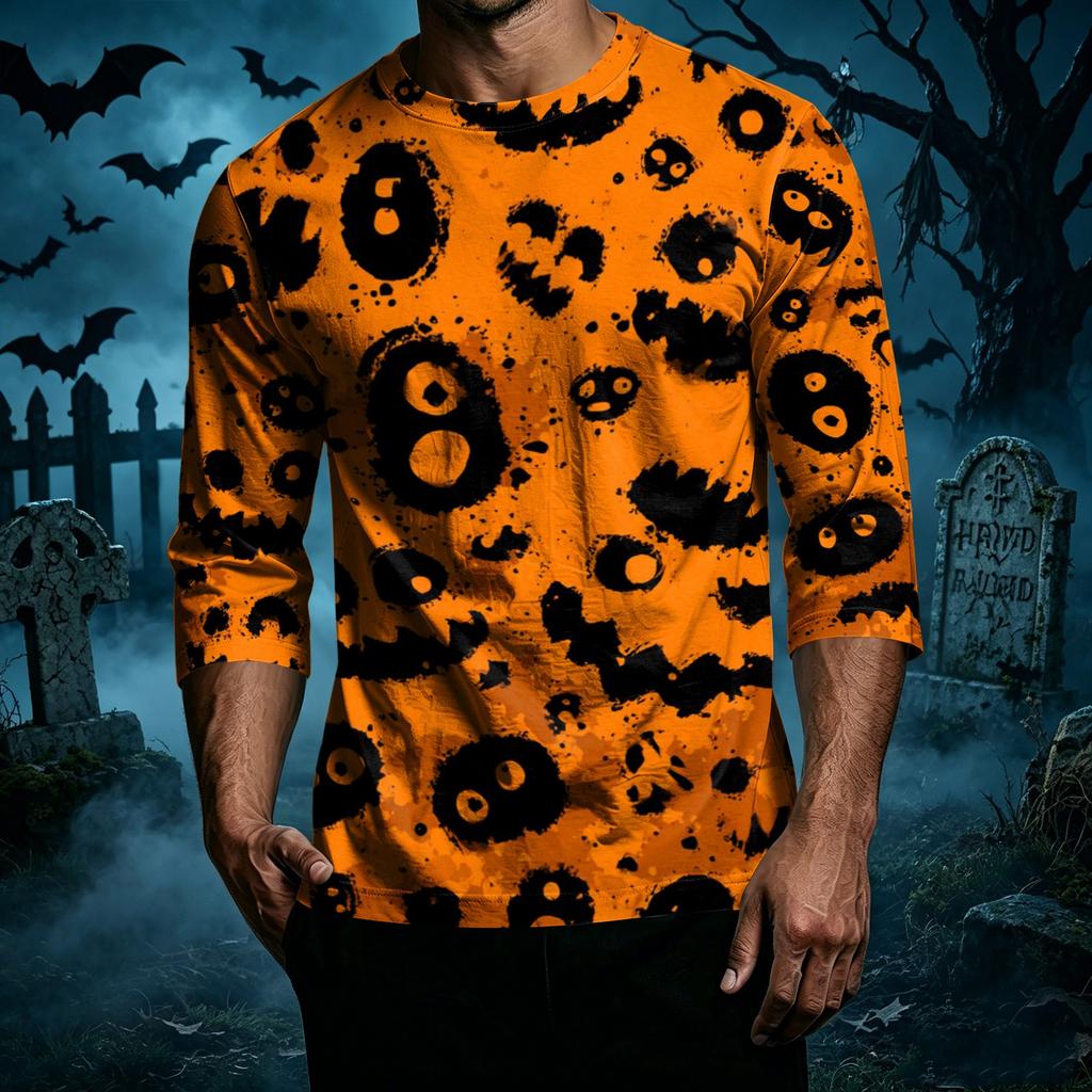 Men's Casual Halloween Print Crew Neck T Shirt Three Quarter Sleeve Top Lightweight Comfortable Fit Seasonal Design