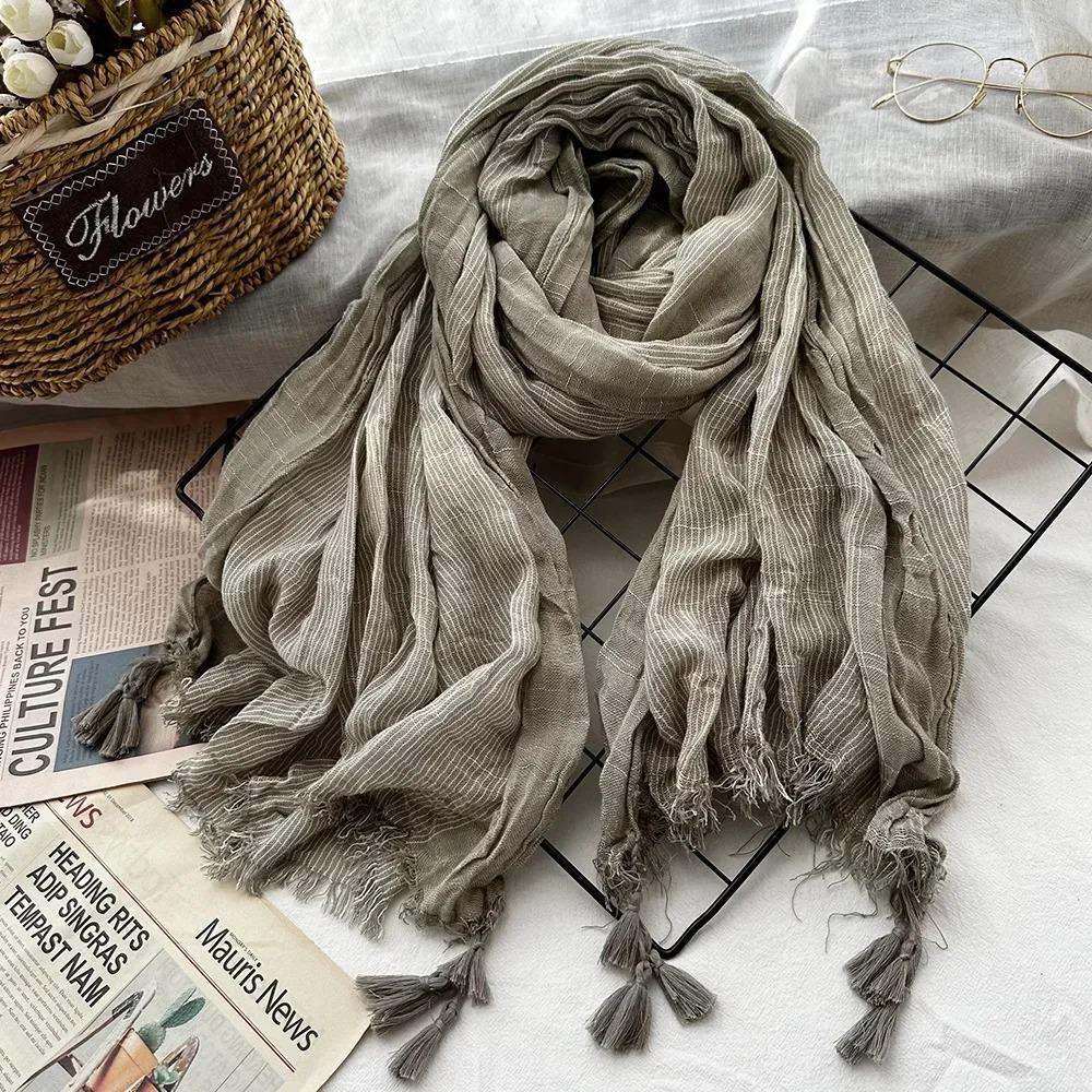 New 190*80cm Artistic Style Striped Cotton Linen Scarf Shawl Men's and Women's Same Style Mori Foulard En Mousseline Scarves