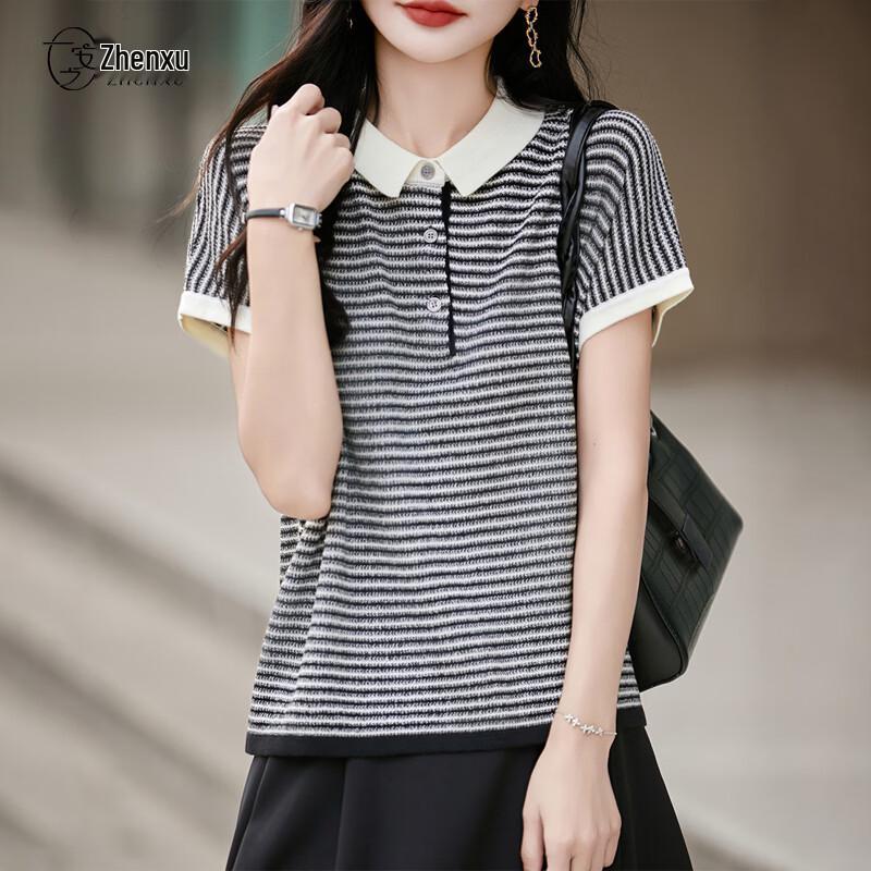 Women s Striped Knit T-Shirt with Doll Collar L