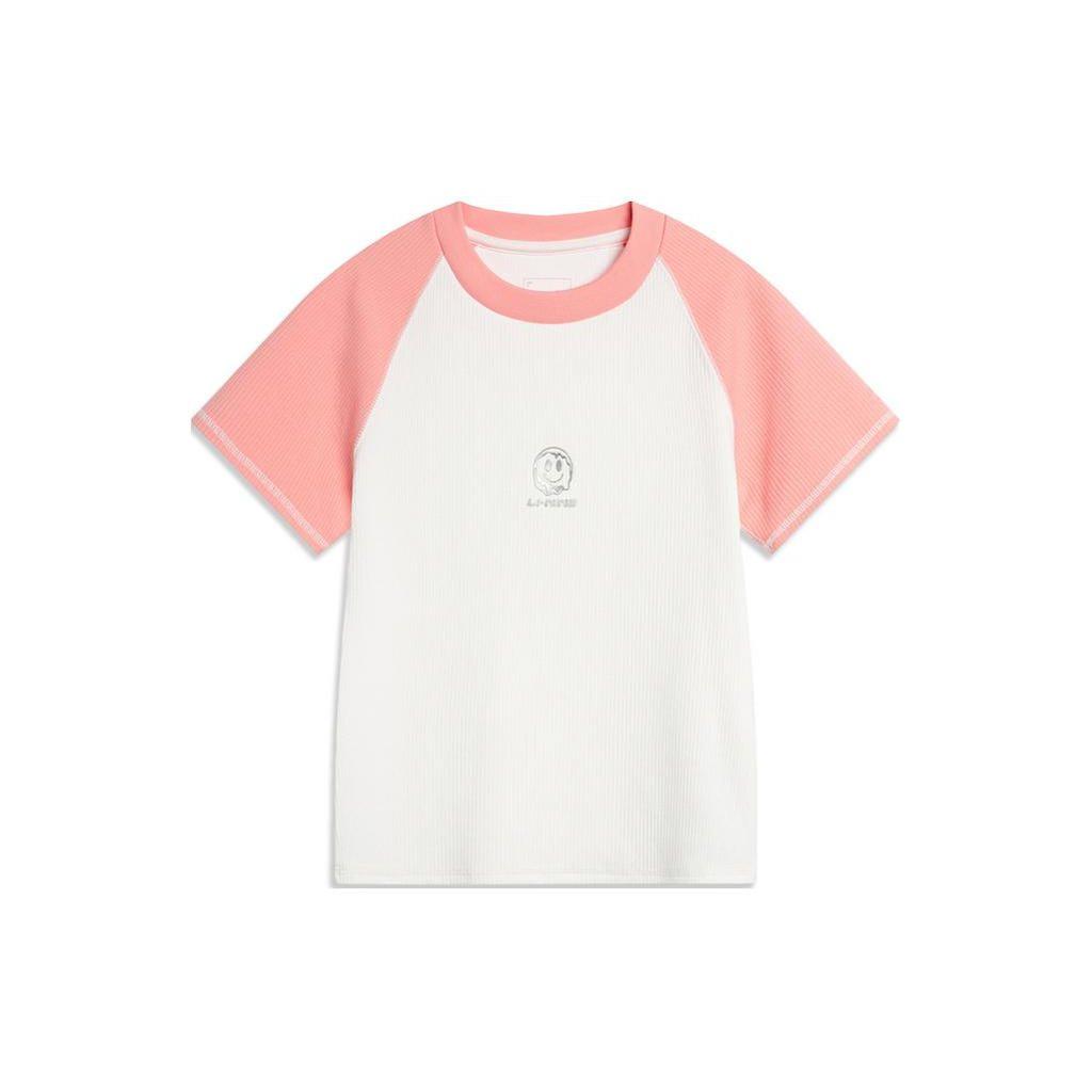 Li-Ning Color Block Round Neck Slim Fit Short Knit Short Sleeve T-Shirt Women Tops Off-White Tea-Rose Pink AHSU342-2