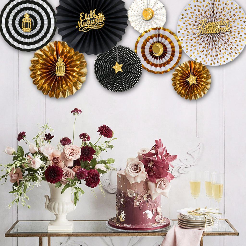 Pack of 8 Folding Paper Fan for Ramadans Parties Elegant Eid Celebration Decoration Weddings and Holiday Decorations