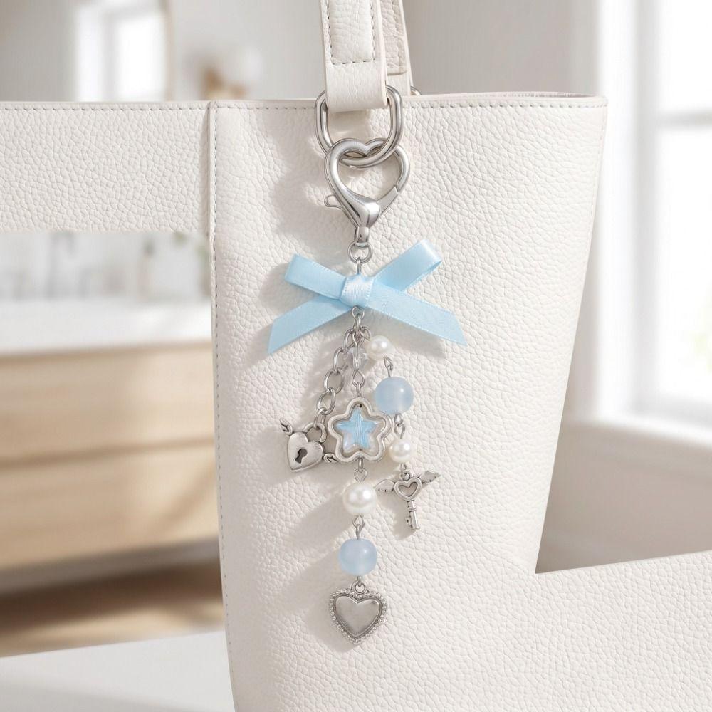 Bowknot Heart Beaded Pendant Star Beaded Lanyard Y2k Heart Keychain  Women Accessories