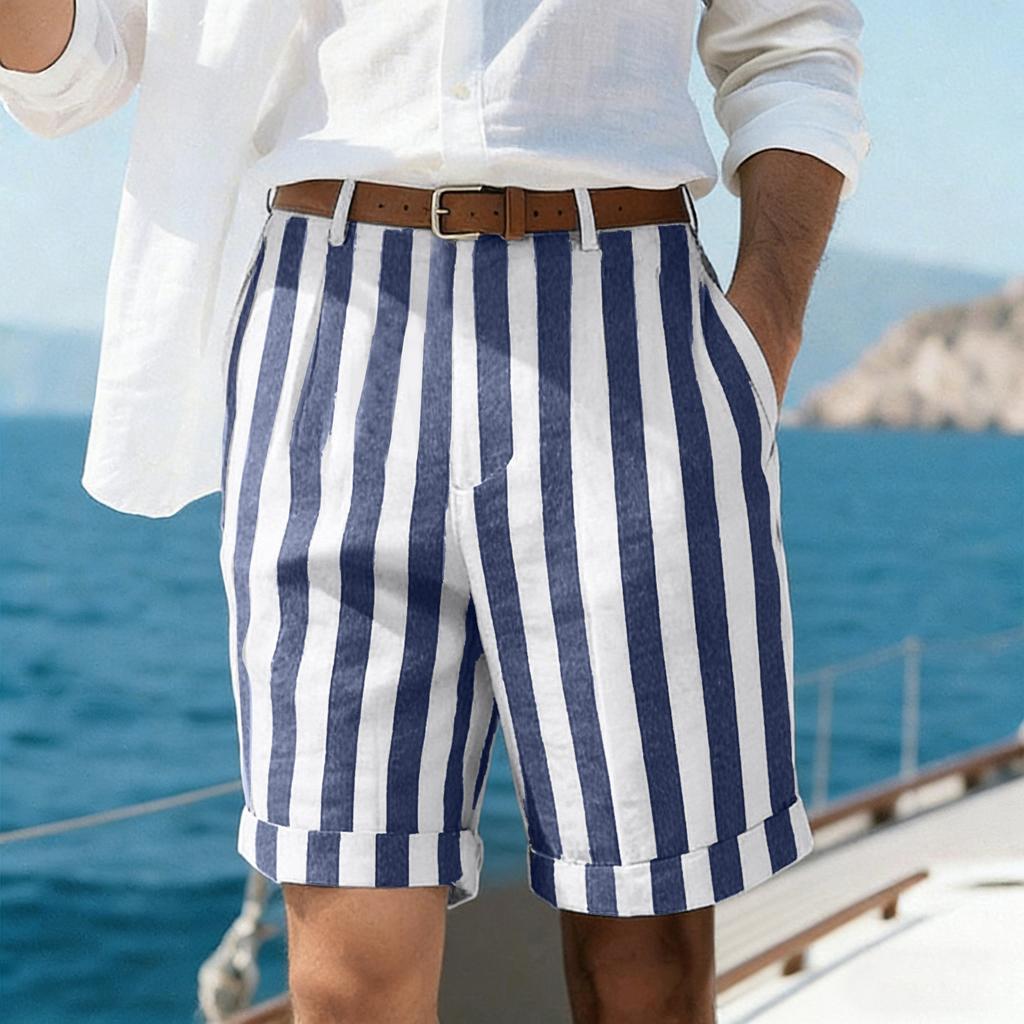 Pantaloncini Casual da Uomo a Righe Verticali Vestibilità Rilassata Leggeri Traspiranti Cotone Orlo Risvoltato Pantaloncini Estivi