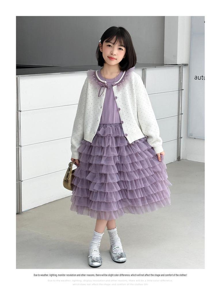 Girls' Spring and Autumn 2025 Korean-Style Knit Sweater & Skirt Set