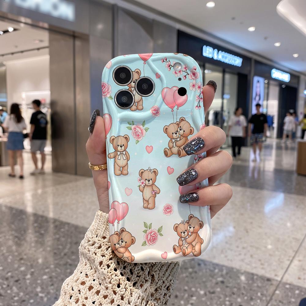 All Over Cartoon Teddy Bear Heart Balloon Wavy Edge Phone Case For iPhone 17 16 15 14 13 12 11 8 7 Plus Pro Max Cute Cover