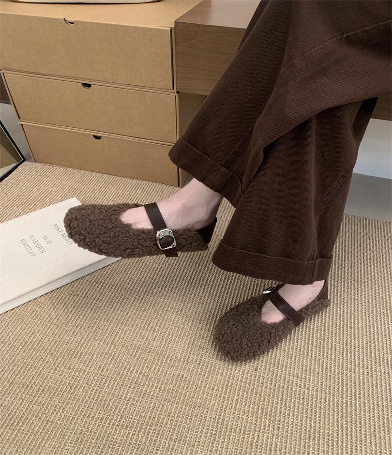 Flat-bottomed wool shoes for women's outer wear 2025 new autumn and winter gentle evening Mary Jane shoes pedal lamb wool cotton shoes