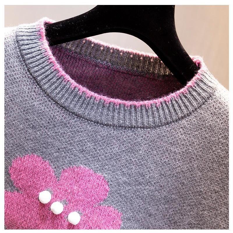 Round Neck Knitted Vest Embroidered Flowers Splicing Color Design Women's Knitted Pullover Sweater Loose Casual Top Autumn