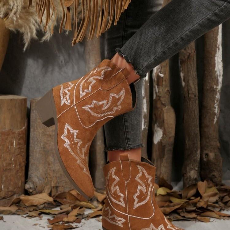 Fashion Pattern Boots Women 2025 Square Heel Pointed Toe Ankle Boots Woman Comfortable Faux Suede Booties Mujer