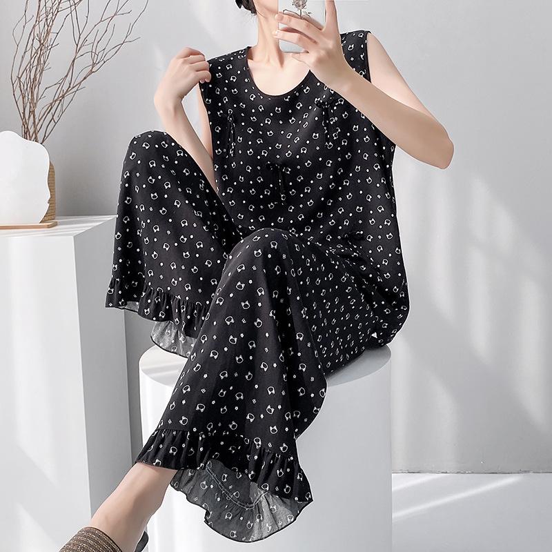 Summer Crew Neck Sleeveless Vest Two-piece Set Cotton and Silk Pajamas Women's Summer Cotton Silk Women's Summer Suit Dress