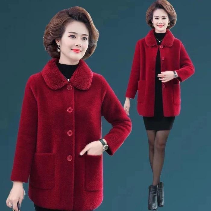 

2026 New Style Petite Faux Lamb Wool Coat: Slimming, Short Button-Up for Autumn & Winter, Perfect for Middle-Aged and Elderly Women XL (recommended 110-120 jin) червоний