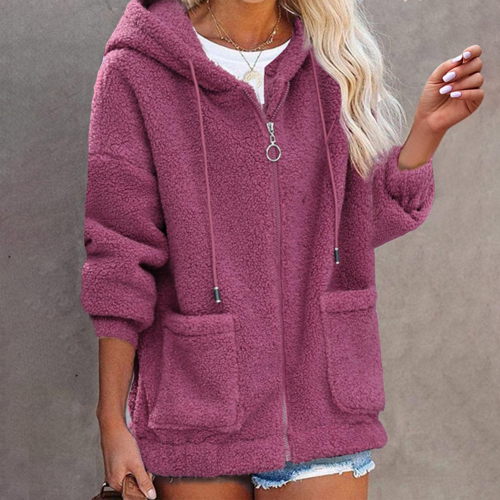 

Женская мода сплошной цвет с длинным рукавом на молнии с капюшоном карман флисовое пальто ягненка XL