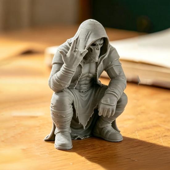 3D Printed Mini Hooded Skull Figurine, Dark Style Desktop Ornament, Cool Rock Gesture Skeleton Decor for Study Room E-Sports Room