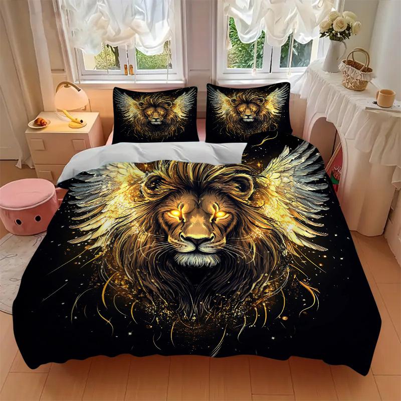 3pcs Golden Winged Lion Quilt Set Cartoon Themed Bed Quilt Set Lovely Character Bedroom Decor Bed Quilt Set Four Seasons (1 Cover + 2Pillowcase N