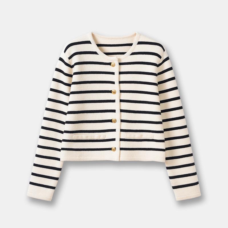 Women's Autumn Striped Knit Cardigan - French Style, Color Block, Loose Fit, Round Neck, Short Length, Long Sleeve Sweater Coat.