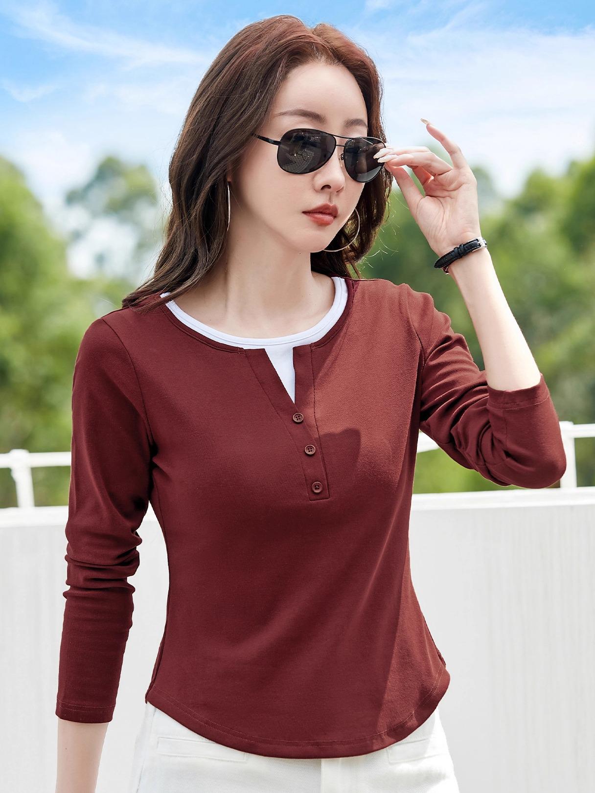 

Женская футболка с длинным рукавом и круглым вырезом, облегающего кроя, с цветными блоками, имитирующая костюм-двойку, на весну/осень 2025 Small