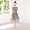 Women's 2025 Summer Printed Round Neck A-Line Midi Dress