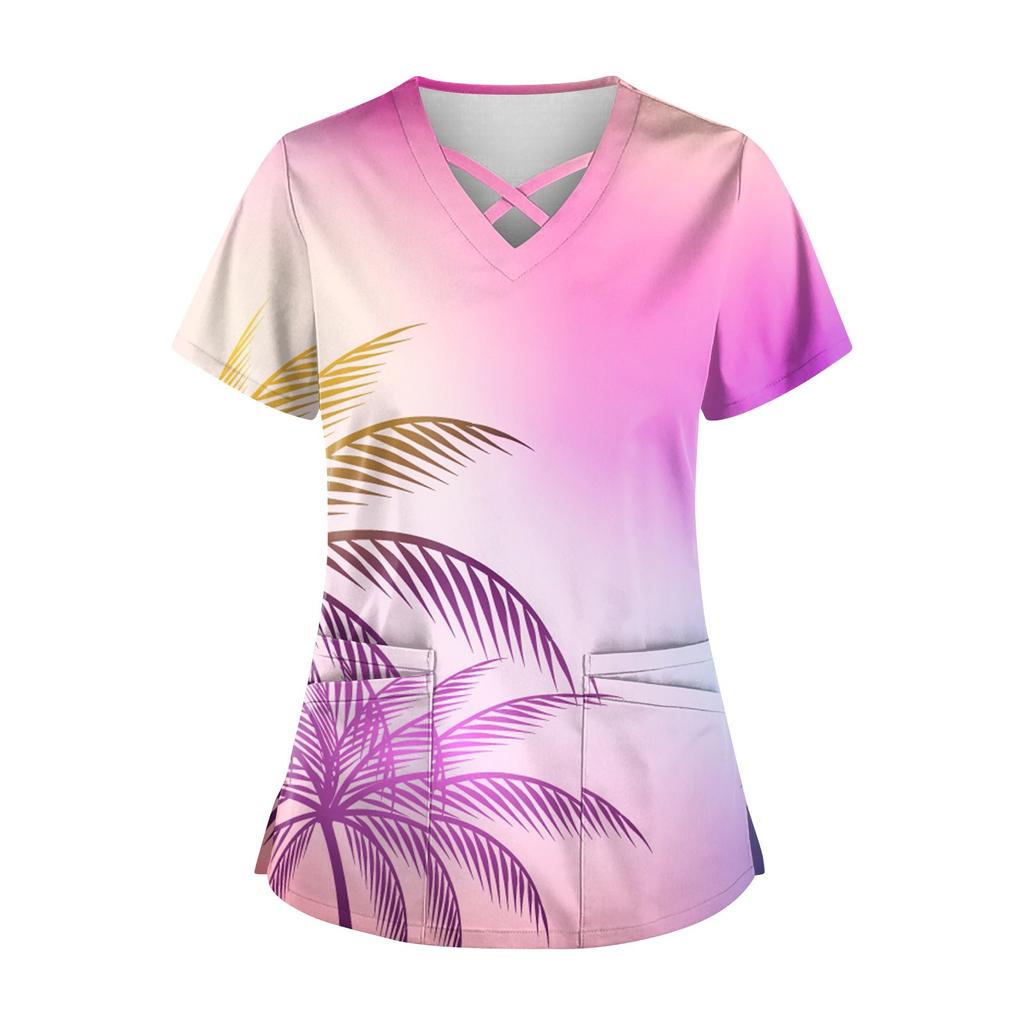 Women's Hawaii Printed Uniform Work Uniform V-Neck Pocket Protective Work Uniform