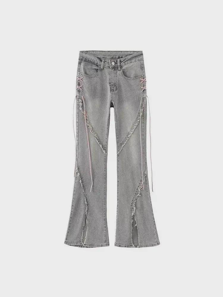 Women's High-Waisted Flare Jeans - Slim, Elastic, Strappy Design, Split Hem, Perfect for Autumn.