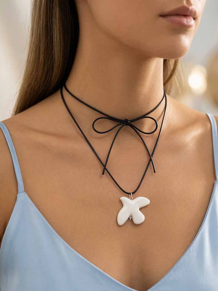 

Vnox Trendy White Ceramic Peace Dove Pendant Necklace Ins Style Elegant White Black Long Rope Chain Pendant Jewelry Accessory