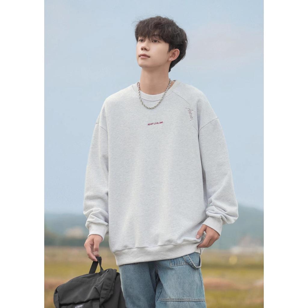 Men's Round Neck Sweatshirt Winter Retro Loose Long-sleeved T-shirt High Street Casual Bottoming Shirt