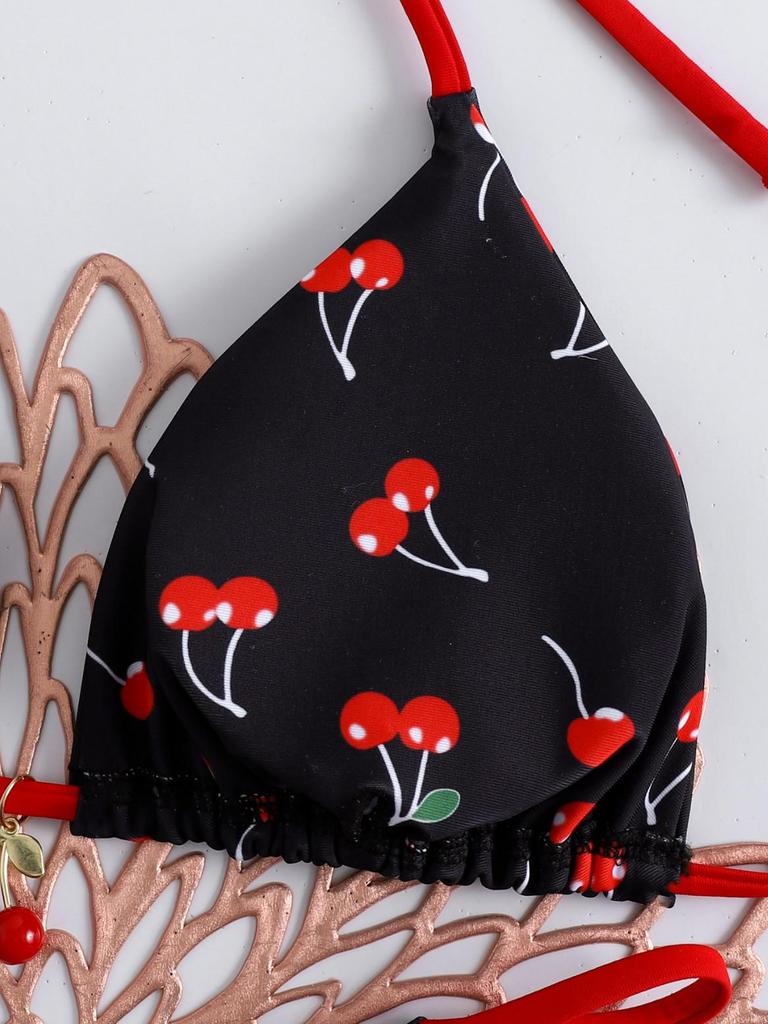 Cherry Print Lace-up Color Block Bikini Thong Set