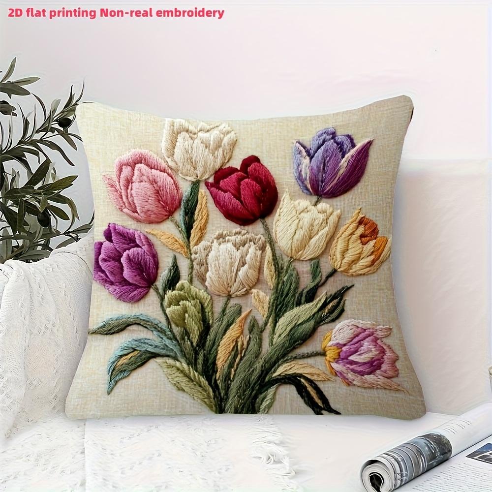 

2D flat- Vintage Tulip Floral Throw Pillow Cover 2D Flat Printed Decorative Cushion Case For Home Sofa Bedroom Living Room 45x45cm-1pcs