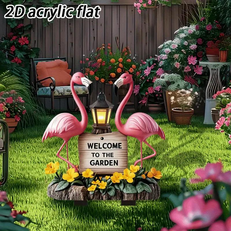 Flamingo Welcome Plaque - Garden Decoration with Lanterns and Flowers, Gift for Easter and Mother's Day Outdoor Decoration Use