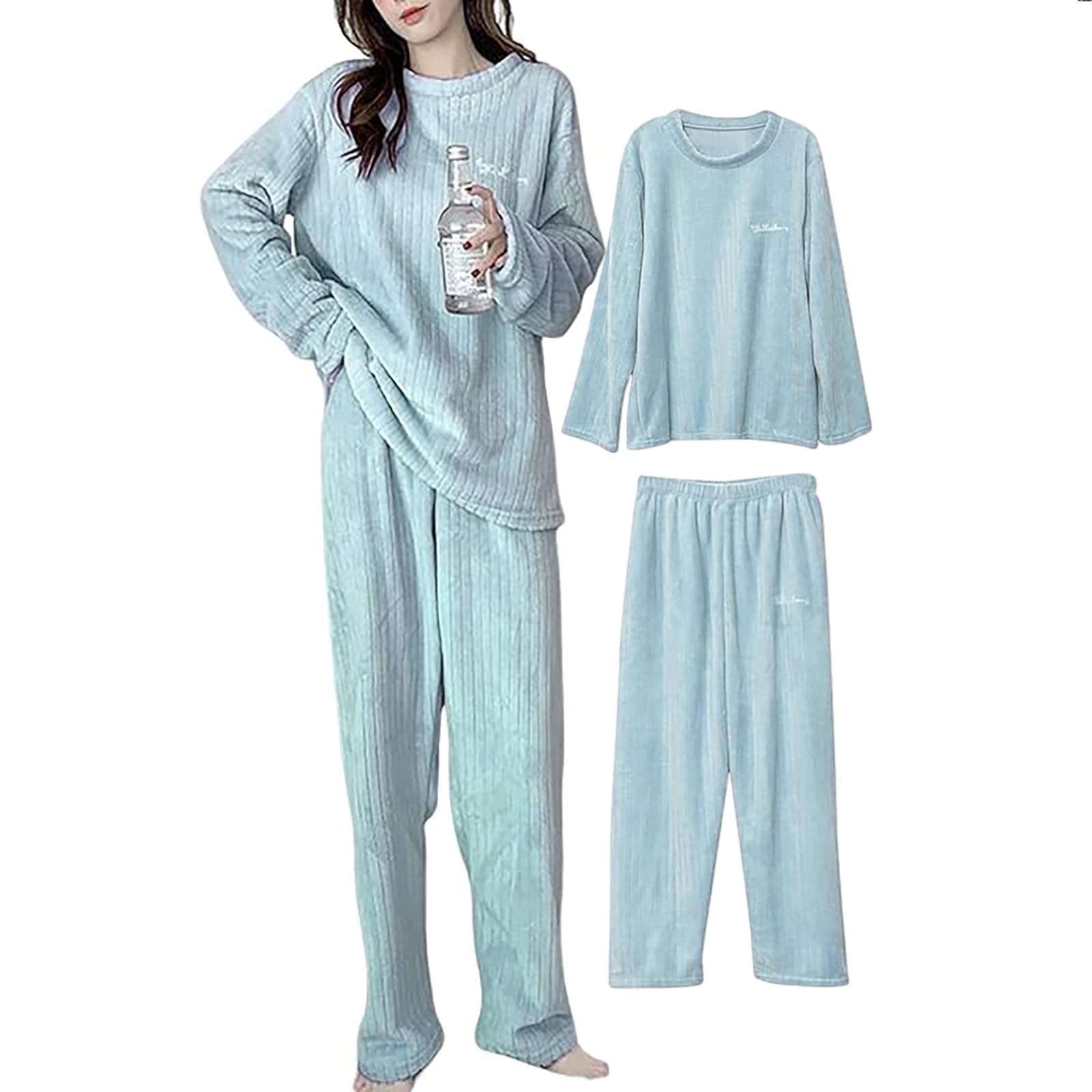 

Tiernyueth Loungewear Fluffy Flannel Top and Solid Round Long and Soft Fleece Perfect for Fall and Women s 2-Piece Set Pajamas, Pants, Color, Collar,