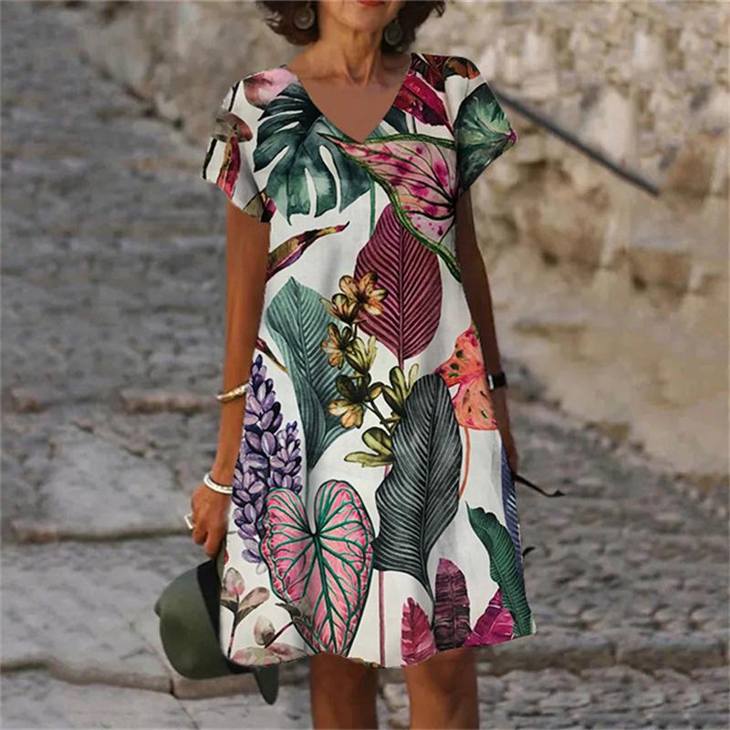 

Новые летние цветы, растения, 3D-принт, женские платья, свободная одежда, ретро-платье с коротким рукавом и V-образным вырезом, женский сарафан, Vestidos M
