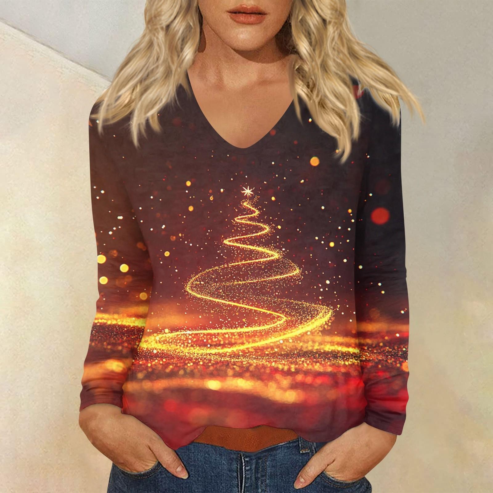 

Женский повседневный повседневный топ с длинными рукавами и рождественским принтом и V-образным вырезом XXXL золотой
