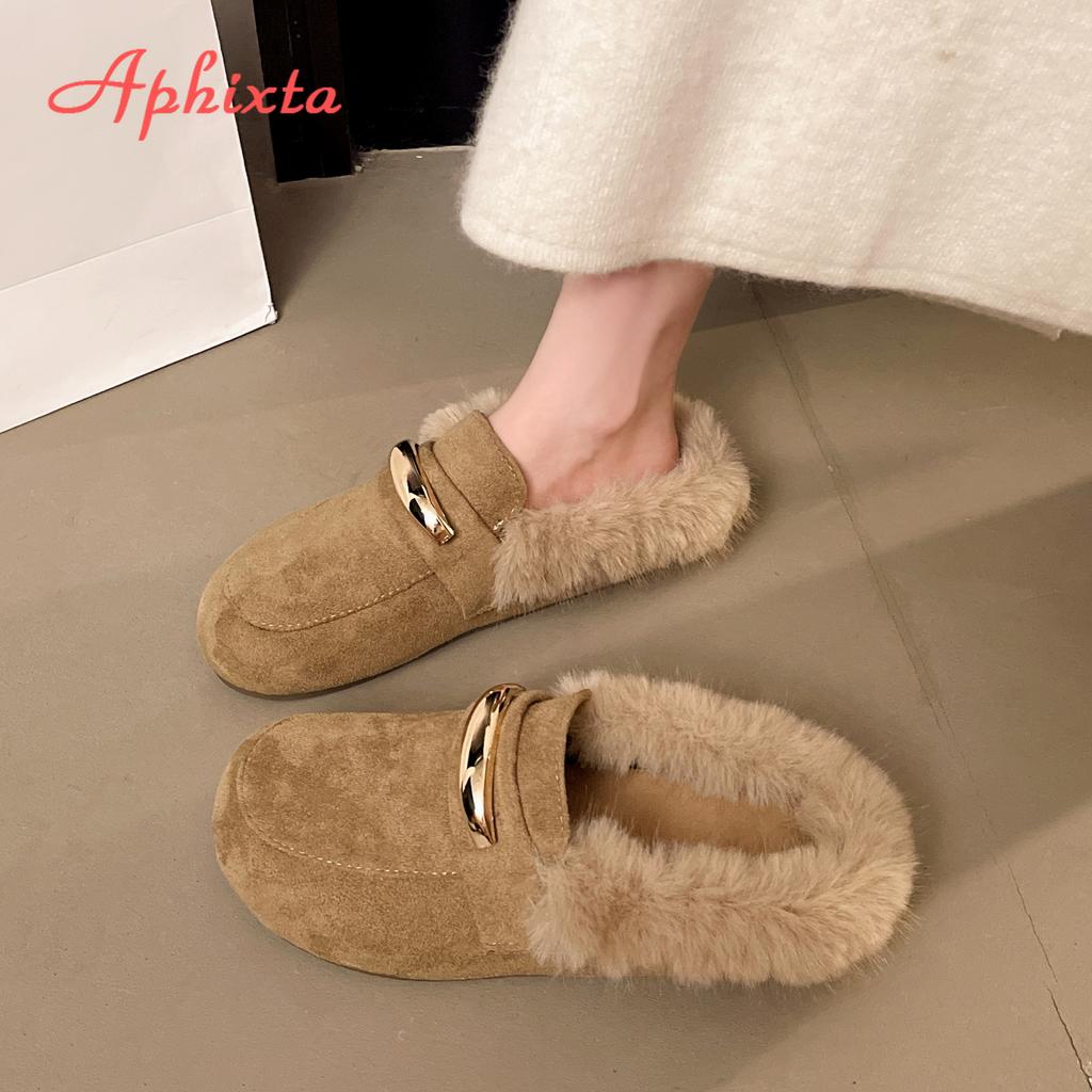 Aphixta 2025 Flat With Warm Slippers Suede Upper Plush Furry Slip on Mules Metal Decoration Concise Outside Slipper Shoes